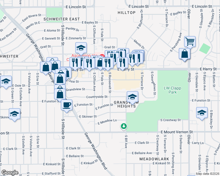 map of restaurants, bars, coffee shops, grocery stores, and more near 1724 South Roosevelt Street in Wichita