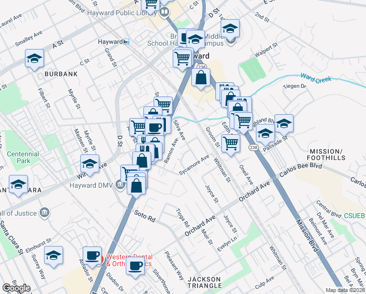 map of restaurants, bars, coffee shops, grocery stores, and more near 24383 Thomas Avenue in Hayward