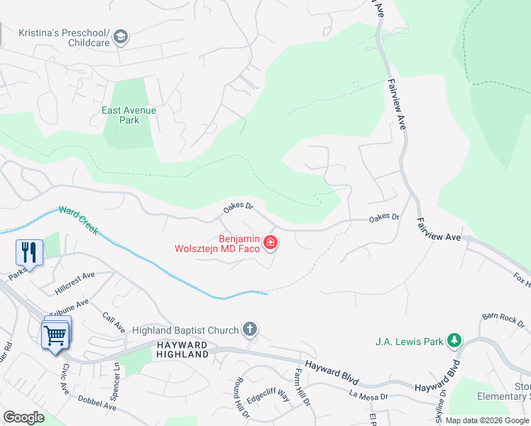 map of restaurants, bars, coffee shops, grocery stores, and more near 3756 Oakes Drive in Hayward
