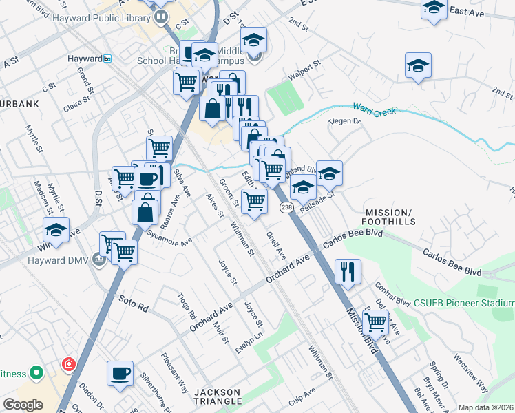 map of restaurants, bars, coffee shops, grocery stores, and more near 24576 Oneil Avenue in Hayward