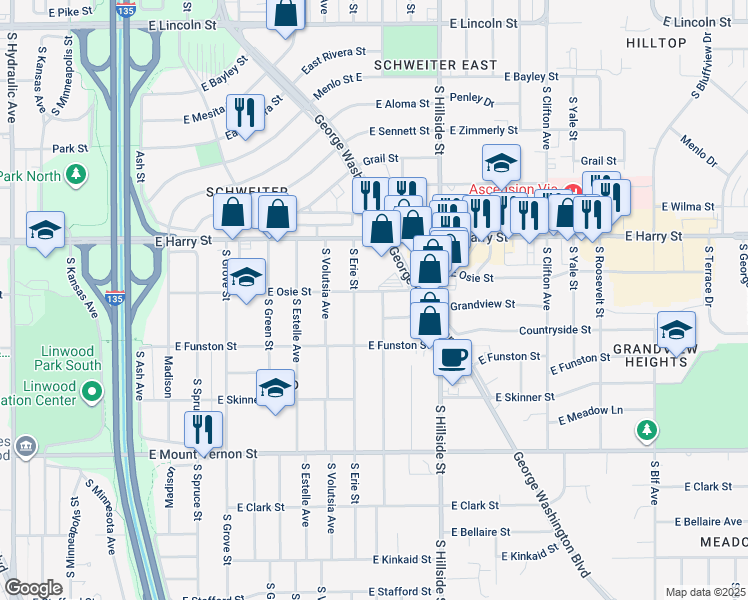 map of restaurants, bars, coffee shops, grocery stores, and more near 1705 South Chautauqua Avenue in Wichita