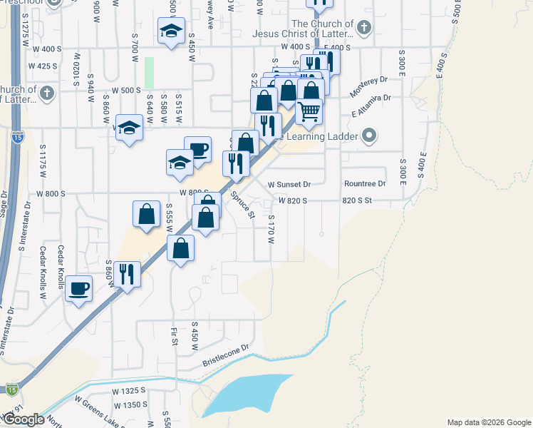 map of restaurants, bars, coffee shops, grocery stores, and more near 858 South 170 West in Cedar City