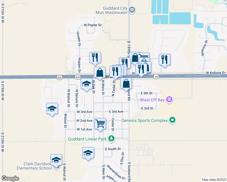 map of restaurants, bars, coffee shops, grocery stores, and more near North Cedar Street in Goddard