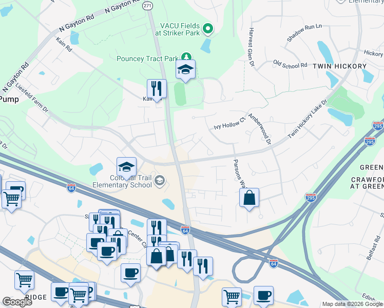 map of restaurants, bars, coffee shops, grocery stores, and more near 4545 Pouncey Tract Road in Glen Allen