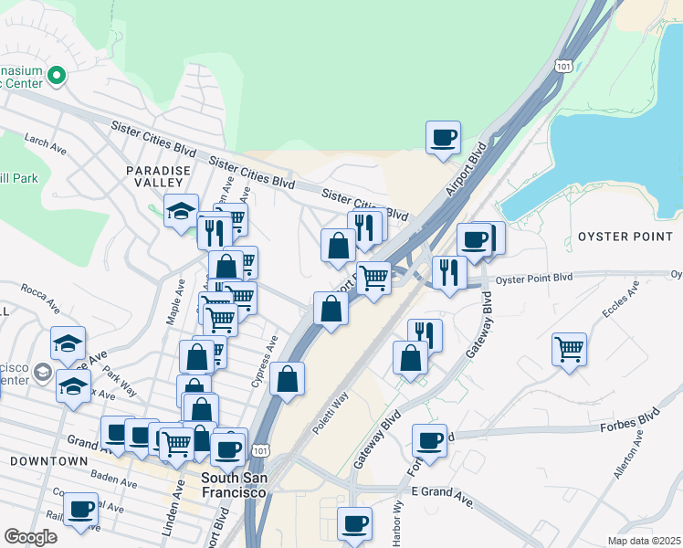 map of restaurants, bars, coffee shops, grocery stores, and more near 937 Airport Boulevard in South San Francisco