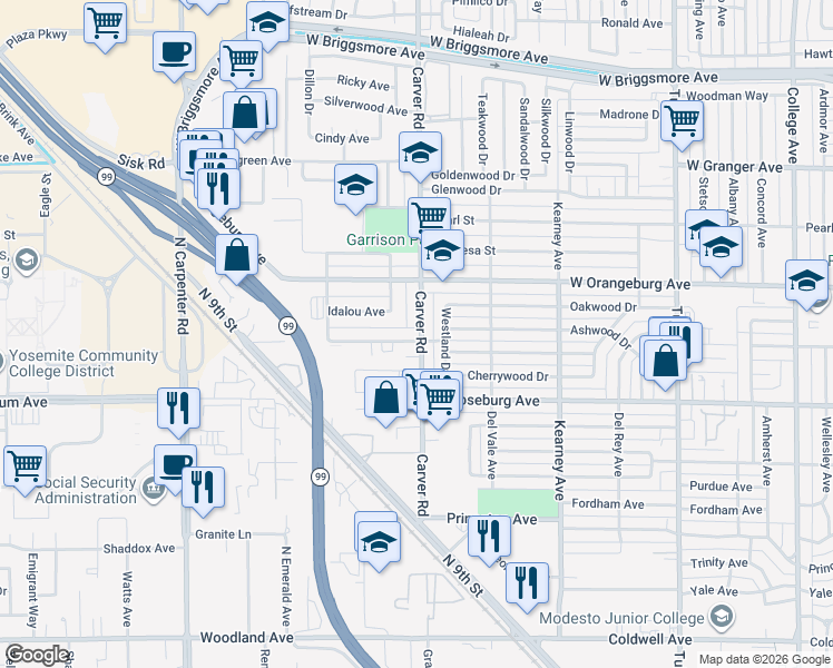 map of restaurants, bars, coffee shops, grocery stores, and more near 1301 Carver Road in Modesto