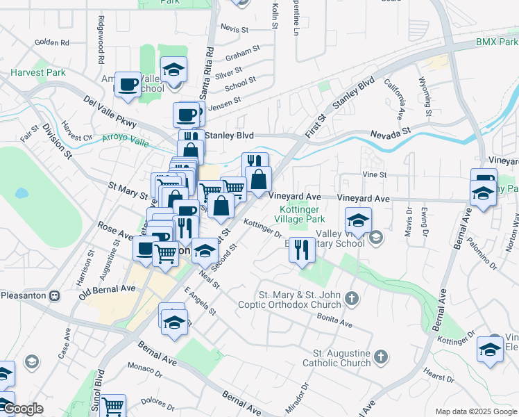 map of restaurants, bars, coffee shops, grocery stores, and more near 200 Valletta Lane in Pleasanton