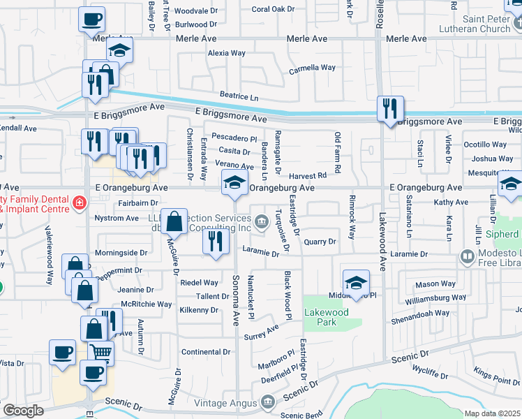 map of restaurants, bars, coffee shops, grocery stores, and more near 1225 Romano Way in Modesto