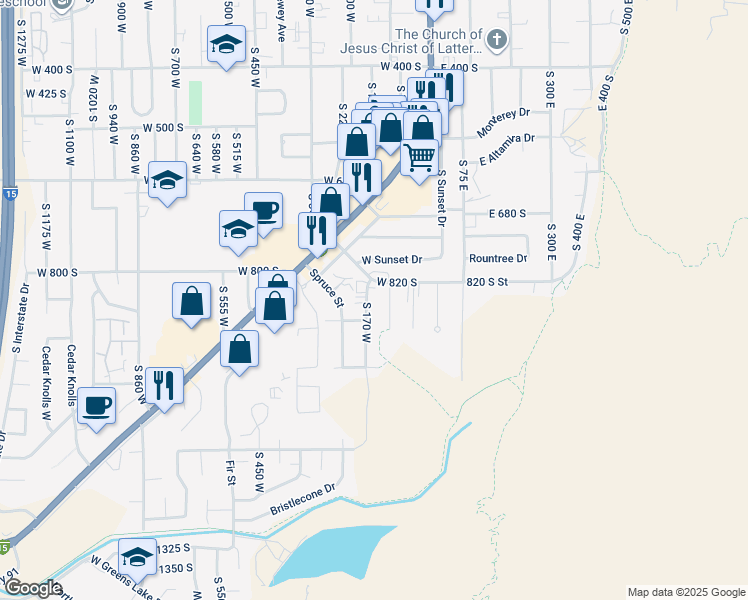 map of restaurants, bars, coffee shops, grocery stores, and more near 885 South 170 West in Cedar City