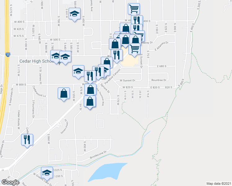 map of restaurants, bars, coffee shops, grocery stores, and more near 885 South 170 West in Cedar City