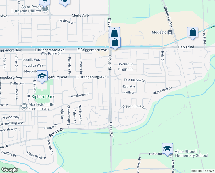 map of restaurants, bars, coffee shops, grocery stores, and more near 1309 Claus Road in Modesto