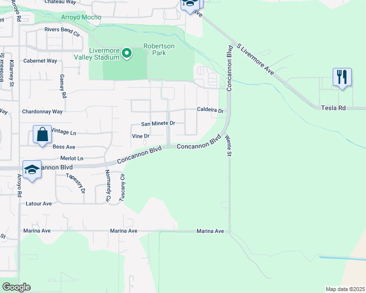 map of restaurants, bars, coffee shops, grocery stores, and more near 3121 Faltings Drive in Livermore