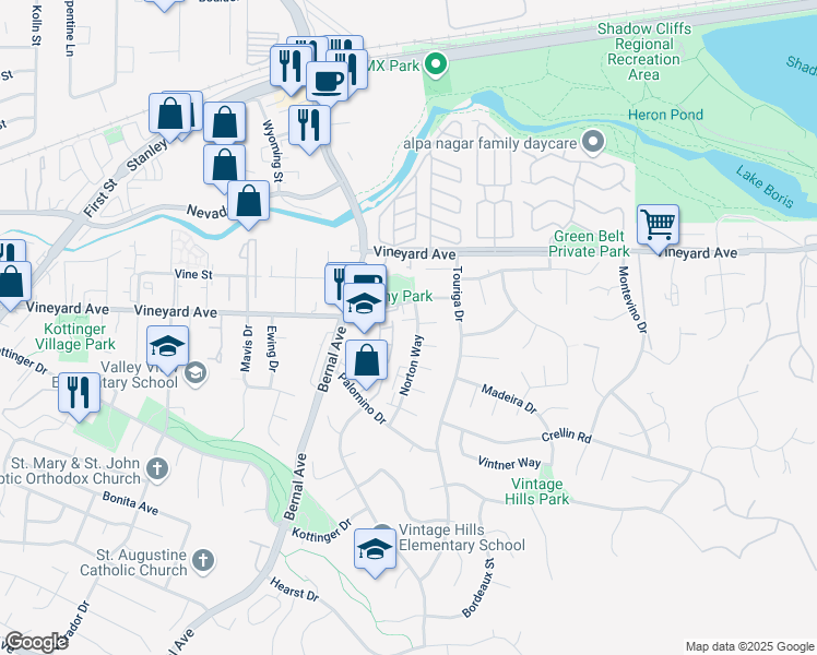 map of restaurants, bars, coffee shops, grocery stores, and more near 3399 Norton Way in Pleasanton
