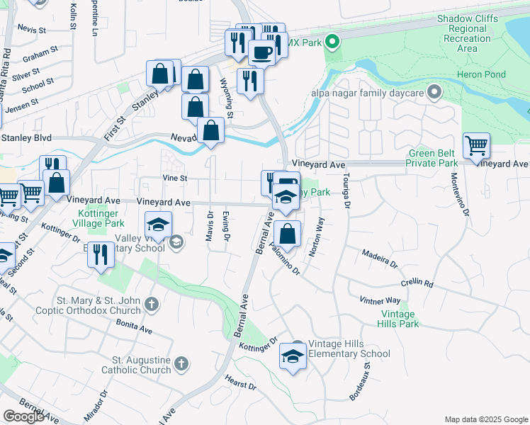 map of restaurants, bars, coffee shops, grocery stores, and more near 3560 Bernal Avenue in Pleasanton