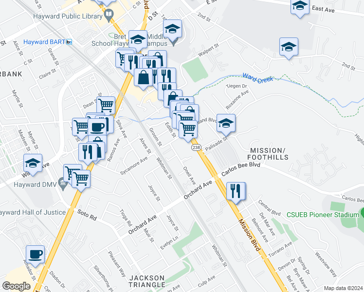 map of restaurants, bars, coffee shops, grocery stores, and more near 24576 Oneil Avenue in Hayward