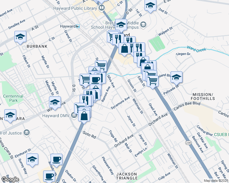 map of restaurants, bars, coffee shops, grocery stores, and more near 24383 Thomas Avenue in Hayward