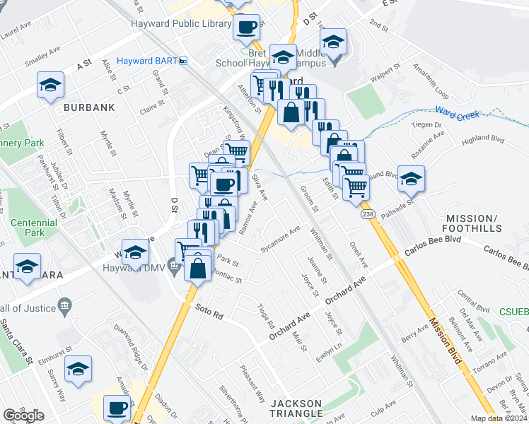 map of restaurants, bars, coffee shops, grocery stores, and more near 24383 Thomas Avenue in Hayward