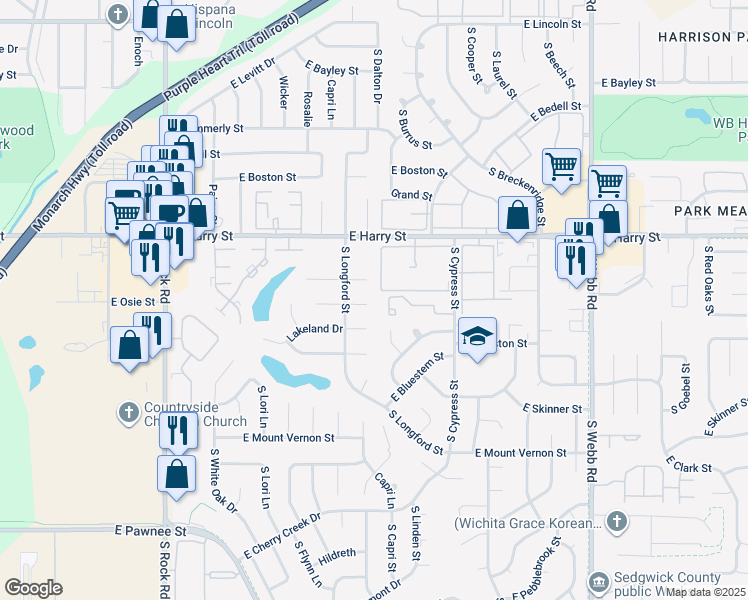 map of restaurants, bars, coffee shops, grocery stores, and more near 8721 East Arthur Circle in Wichita