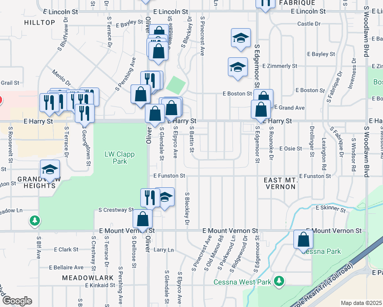map of restaurants, bars, coffee shops, grocery stores, and more near 1769-1781 South Battin Street in Wichita