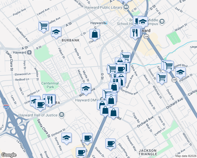 map of restaurants, bars, coffee shops, grocery stores, and more near 24074 Park Street in Hayward