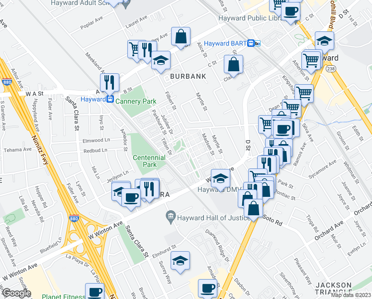 map of restaurants, bars, coffee shops, grocery stores, and more near Staley Avenue in Hayward
