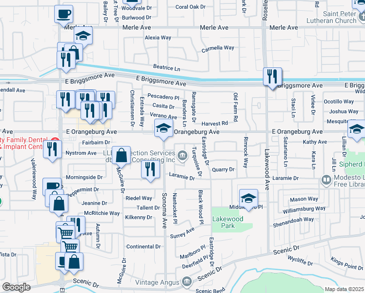 map of restaurants, bars, coffee shops, grocery stores, and more near 1225 Romano Way in Modesto