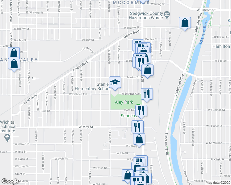 map of restaurants, bars, coffee shops, grocery stores, and more near 1749 South Martinson Street in Wichita