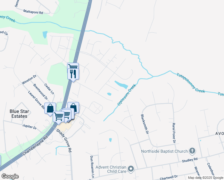 map of restaurants, bars, coffee shops, grocery stores, and more near 8115 Braxton Court in Mechanicsville