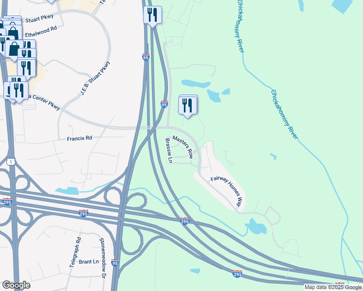 map of restaurants, bars, coffee shops, grocery stores, and more near 9601 Links Way in Glen Allen