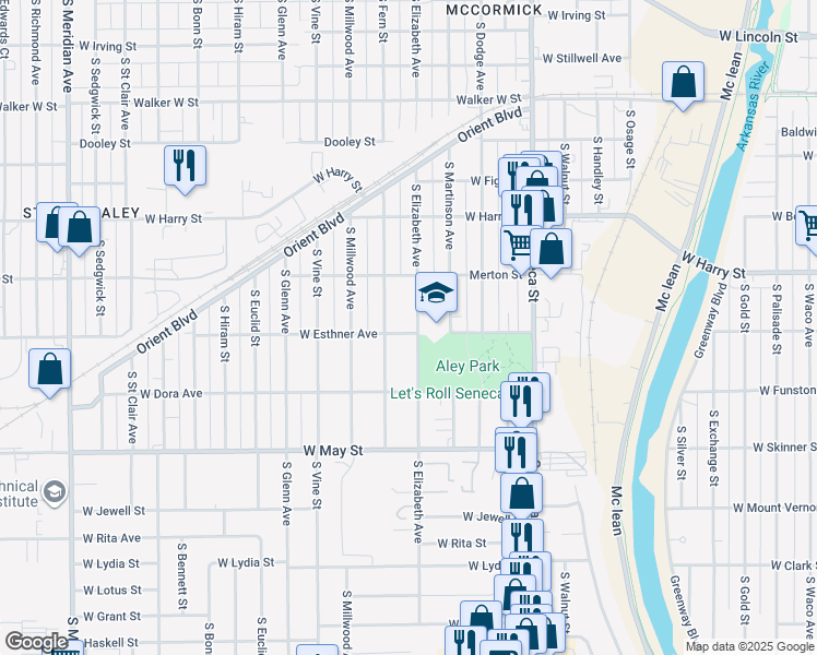 map of restaurants, bars, coffee shops, grocery stores, and more near 1805 South Elizabeth in Wichita