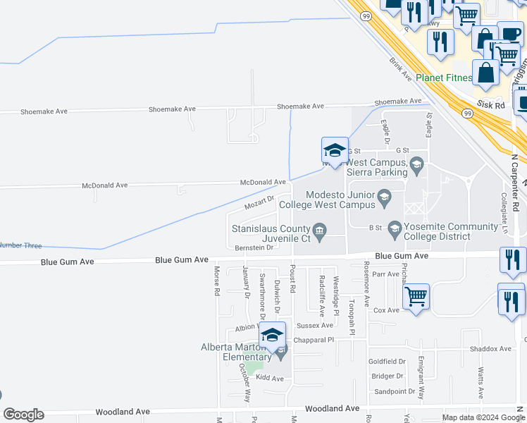 map of restaurants, bars, coffee shops, grocery stores, and more near 2617 Amadeus Drive in Modesto