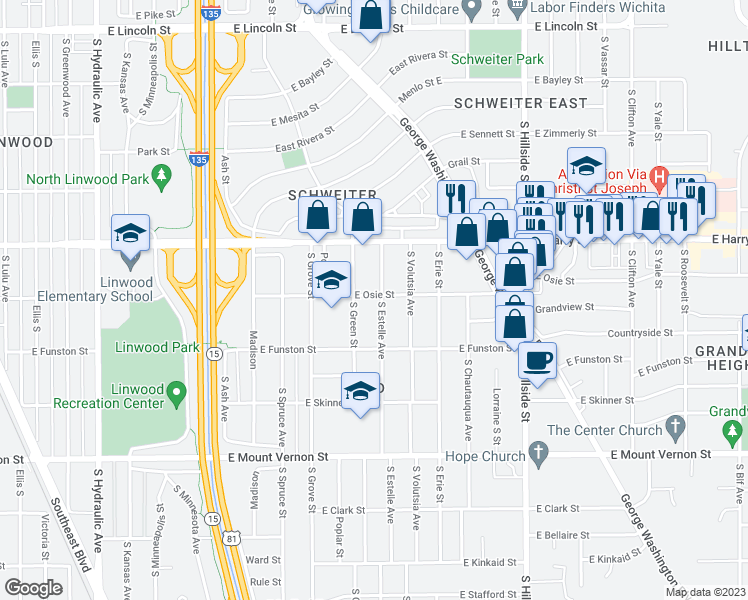map of restaurants, bars, coffee shops, grocery stores, and more near 1701 South Estelle Street in Wichita