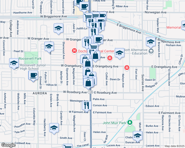 map of restaurants, bars, coffee shops, grocery stores, and more near 1300 McHenry Avenue in Modesto