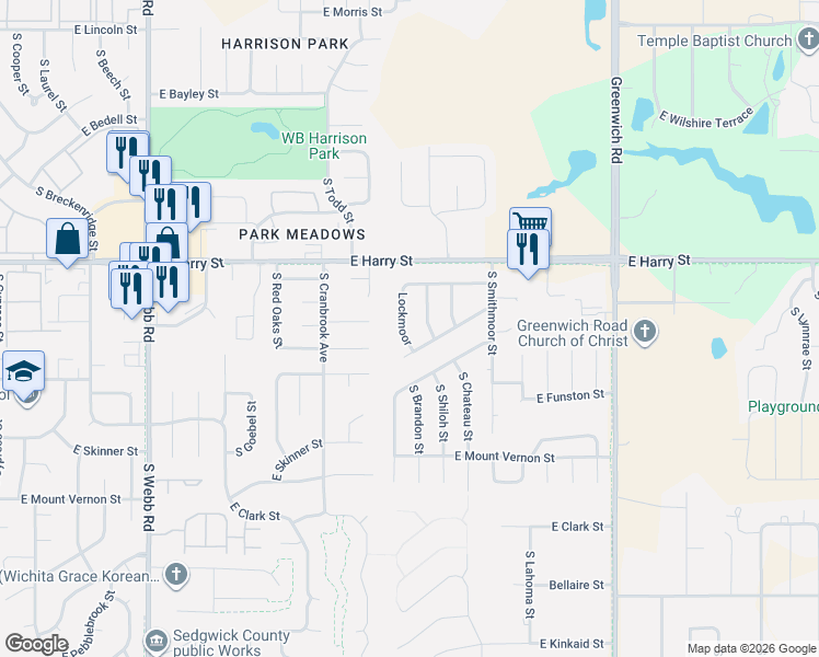 map of restaurants, bars, coffee shops, grocery stores, and more near 10407 East Countryside Circle in Wichita