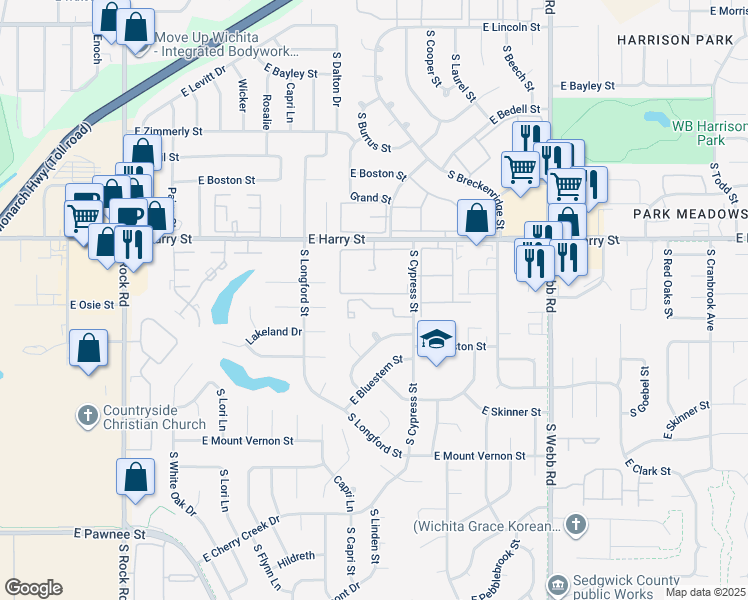 map of restaurants, bars, coffee shops, grocery stores, and more near 1717 South Cypress Street in Wichita