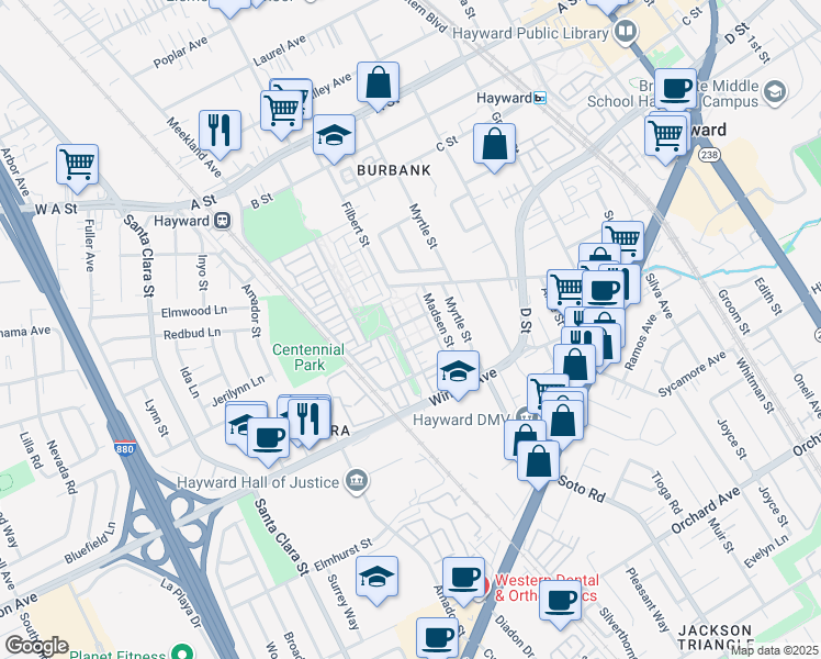 map of restaurants, bars, coffee shops, grocery stores, and more near 589 Staley Avenue in Hayward
