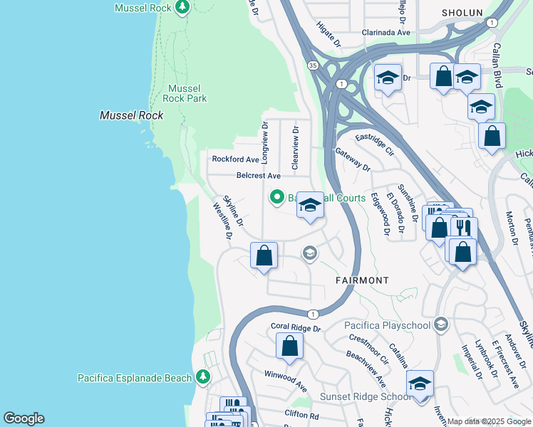 map of restaurants, bars, coffee shops, grocery stores, and more near 157 Longview Drive in Daly City