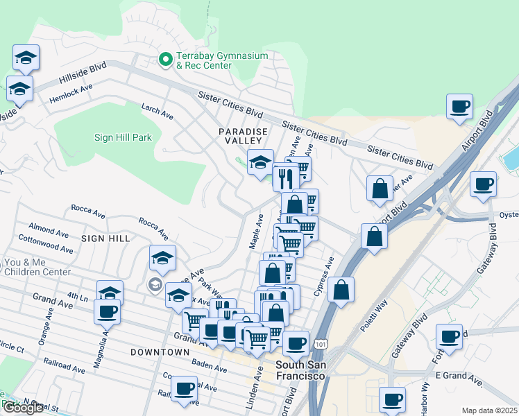 map of restaurants, bars, coffee shops, grocery stores, and more near Maple Ave & Spruce Ave in South San Francisco