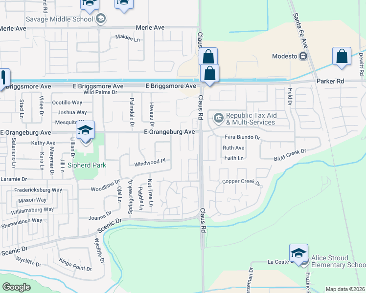 map of restaurants, bars, coffee shops, grocery stores, and more near 1120 Cedar Creek Court in Modesto