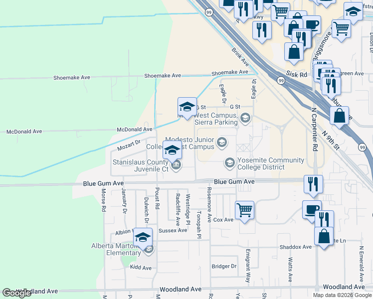 map of restaurants, bars, coffee shops, grocery stores, and more near 2215 Blue Gum Avenue in Modesto