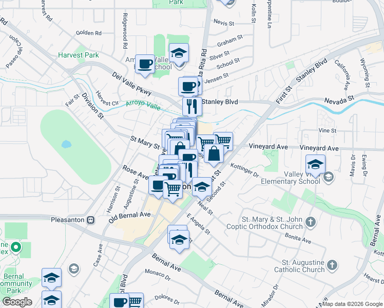 map of restaurants, bars, coffee shops, grocery stores, and more near 4319A Railroad Avenue in Pleasanton