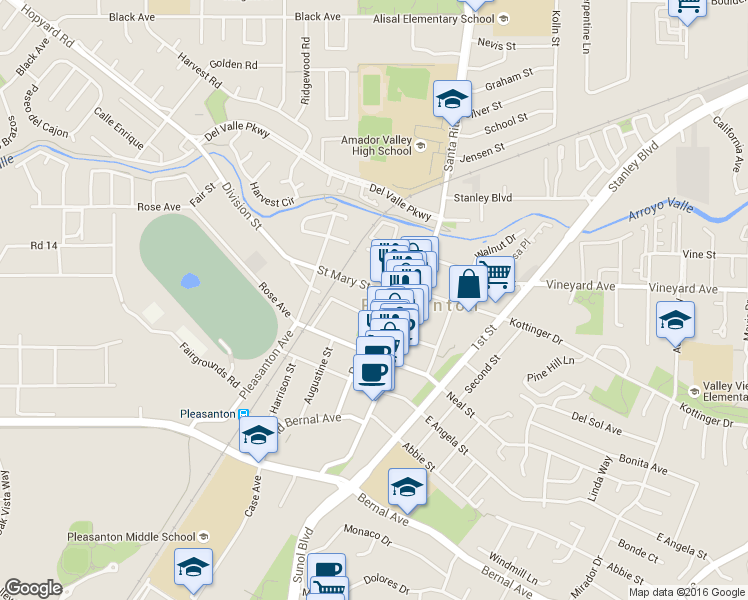 map of restaurants, bars, coffee shops, grocery stores, and more near 699 Peters Avenue in Pleasanton