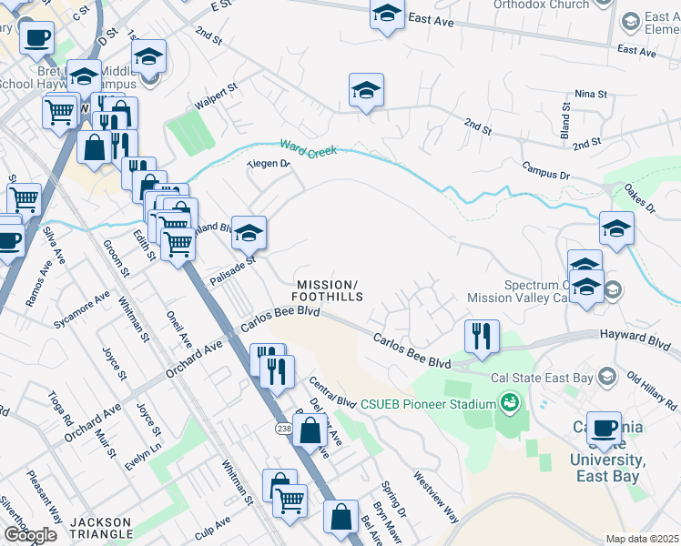 map of restaurants, bars, coffee shops, grocery stores, and more near 1151 Overlook Avenue in Hayward