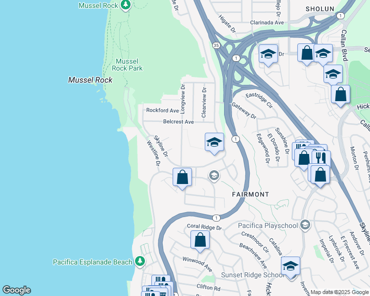 map of restaurants, bars, coffee shops, grocery stores, and more near 1200 Skyline Drive in Daly City