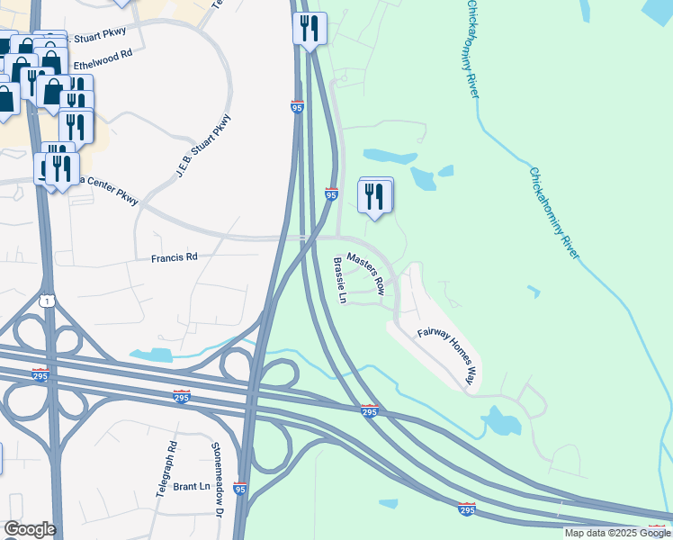 map of restaurants, bars, coffee shops, grocery stores, and more near 830 Brassie Lane in Glen Allen