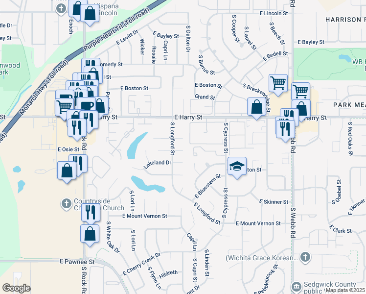 map of restaurants, bars, coffee shops, grocery stores, and more near 8721 East Arthur Circle in Wichita