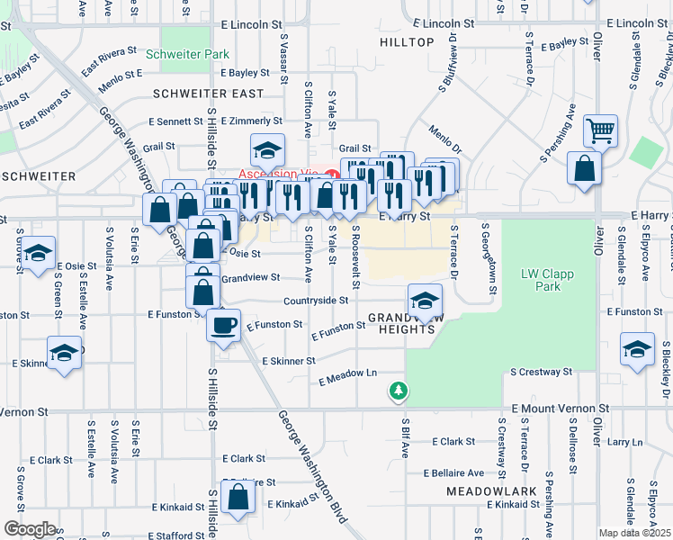 map of restaurants, bars, coffee shops, grocery stores, and more near 1756 South Yale Street in Wichita