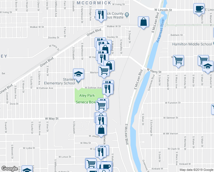 map of restaurants, bars, coffee shops, grocery stores, and more near 1801-1899 South Seneca Street in Wichita