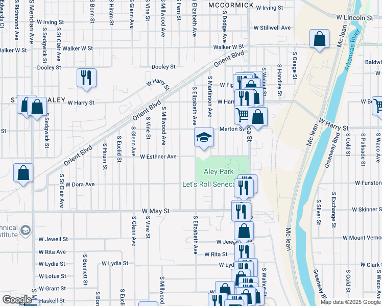 map of restaurants, bars, coffee shops, grocery stores, and more near 1805 South Elizabeth in Wichita