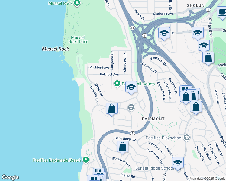 map of restaurants, bars, coffee shops, grocery stores, and more near 157 Longview Drive in Daly City